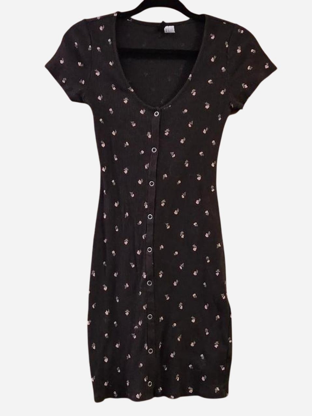 Divided Black Floral Button-Front Ribbed Dress